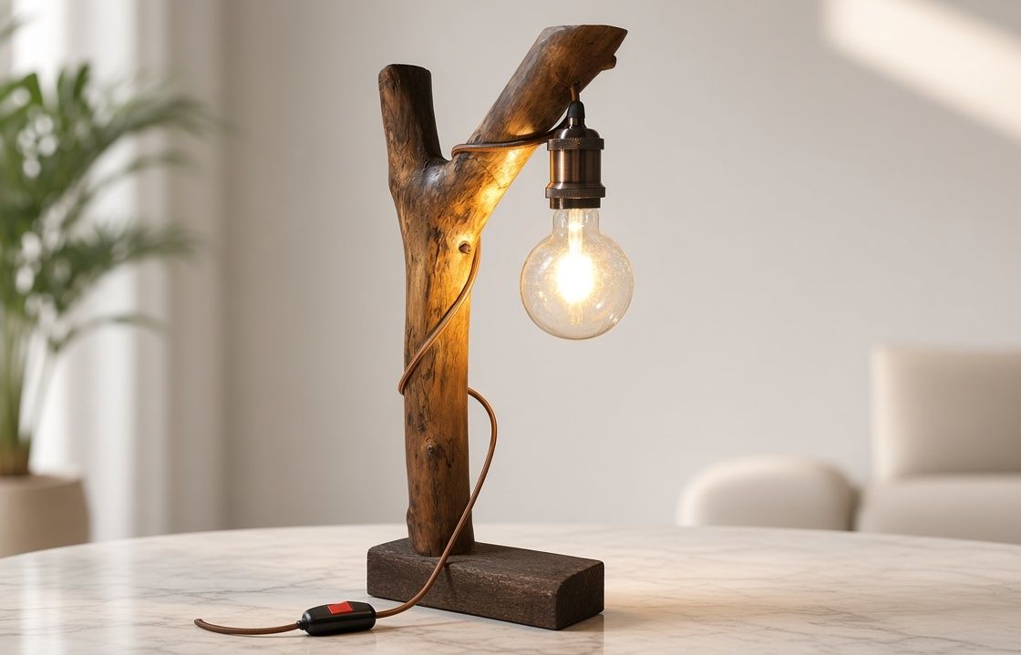 Handmade Wooden Table Lamp with E27 Edison Bulb