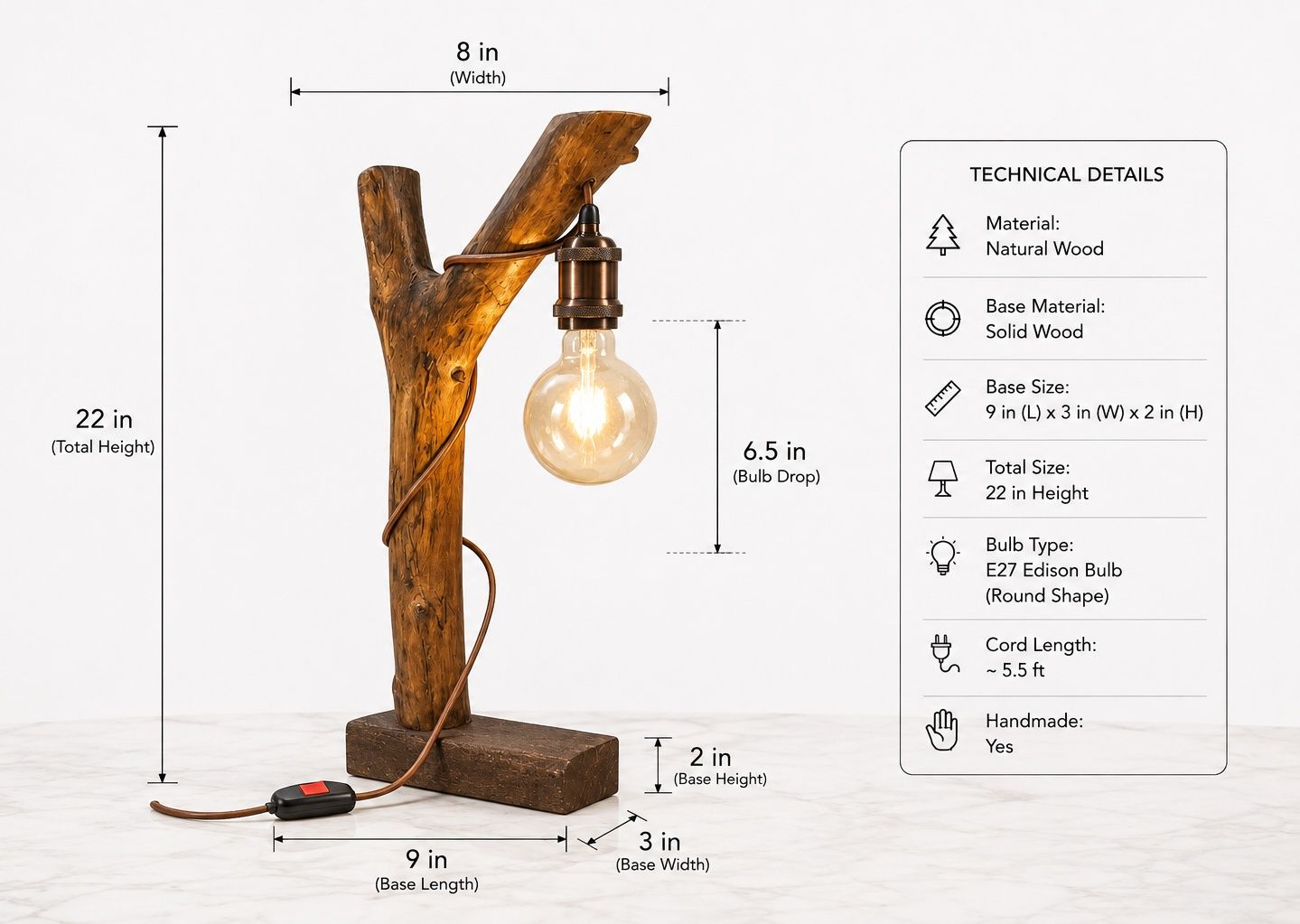 Handmade Wooden Table Lamp with E27 Edison Bulb thumbnail 2