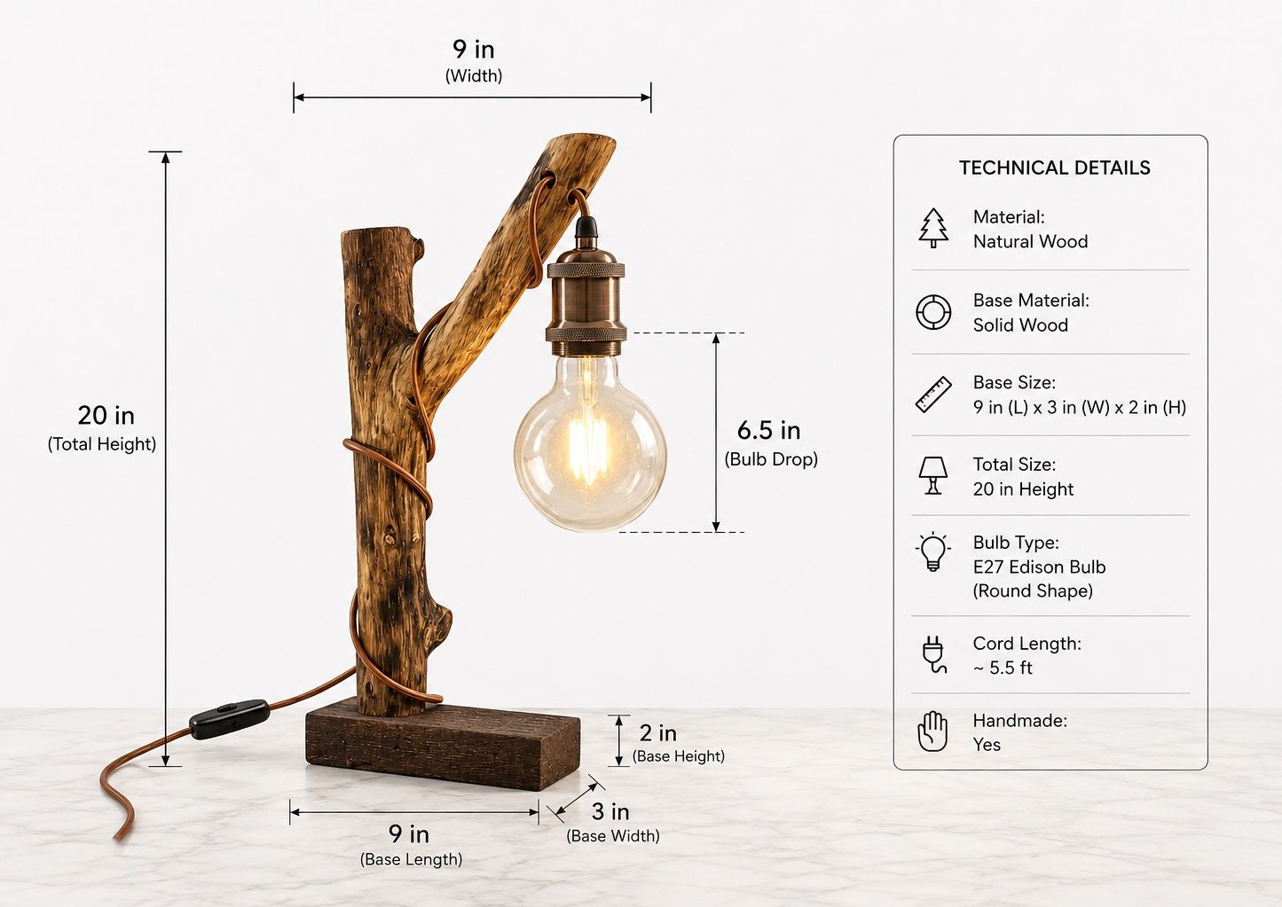 Handmade Rustic Wood Table Lamp thumbnail 2