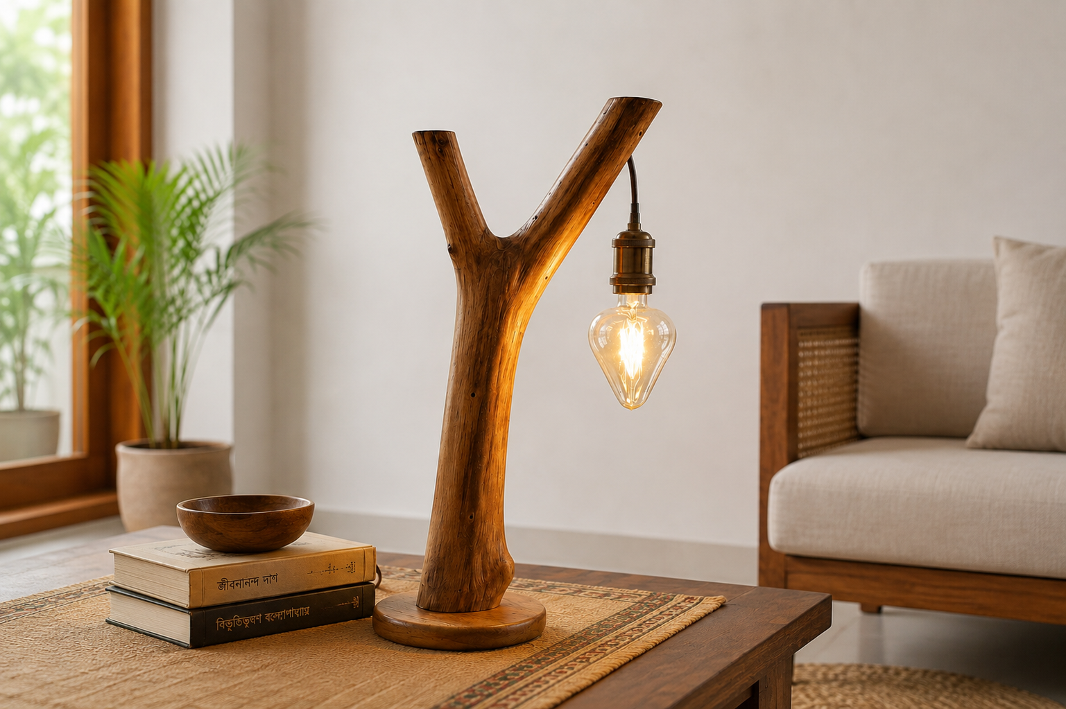 Handmade Wooden Boho Lamp with Star Edison Bulb