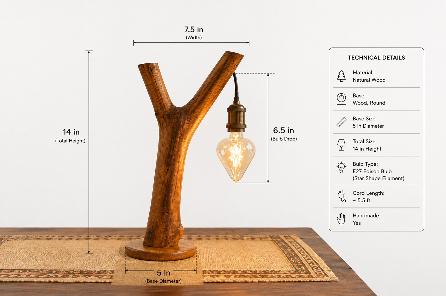 Handmade Wooden Boho Lamp with Star Edison Bulb thumbnail 2